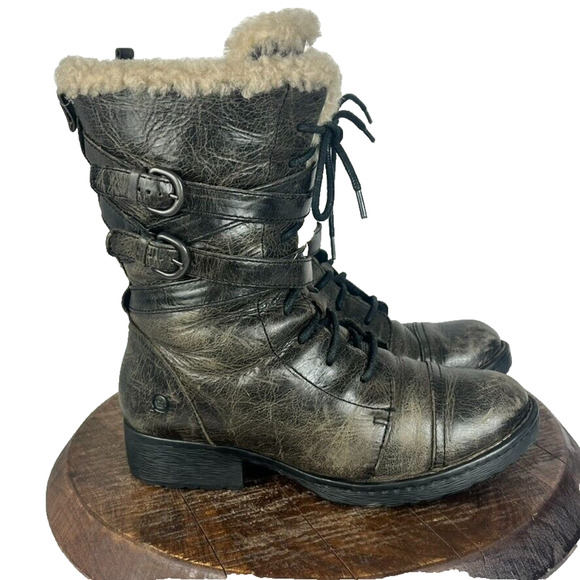 BORN Boots Women's Size 7.5 Zuniga Brown Distressed Leather Moto Winter Wool - Picture 3 of 14